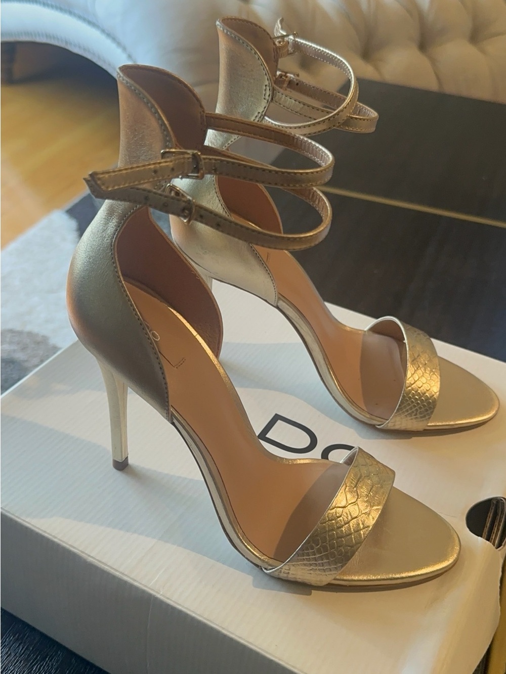Aldo’s Gold Strappy High Heel Sandals - Women's Dress Heels 4 inch